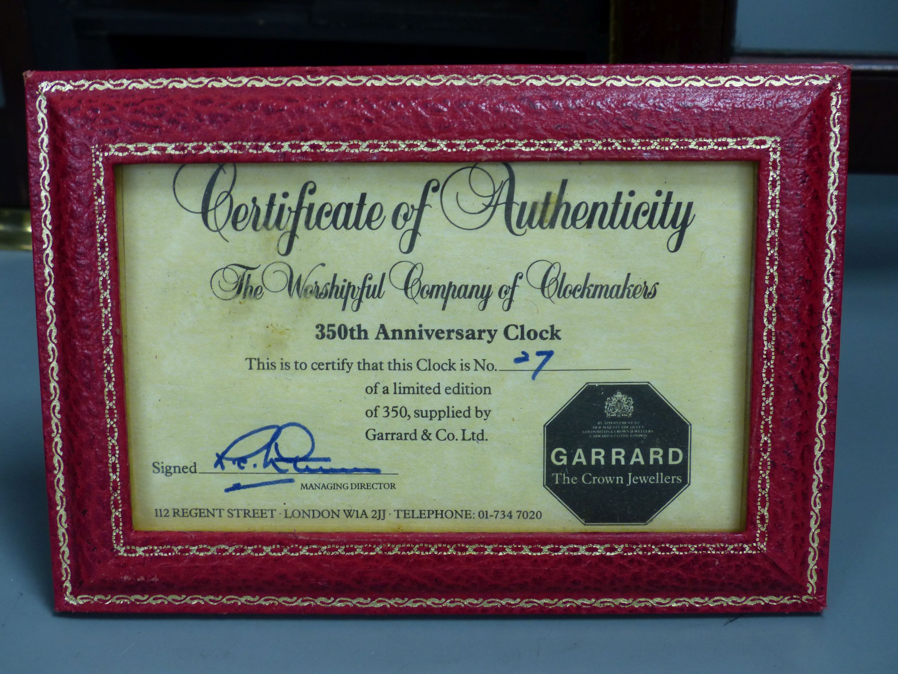 F. W. Elliott for Garrard, an 18th century style brass mahogany bracket clock